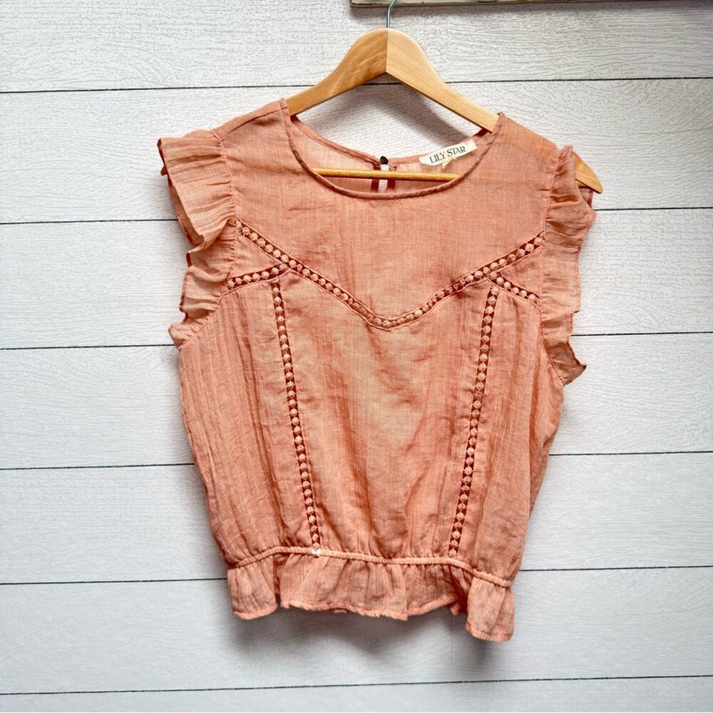 Lily Star Peach Ruffle Blouse Small Cottagecore Fairy Lace Trim Romantic Top